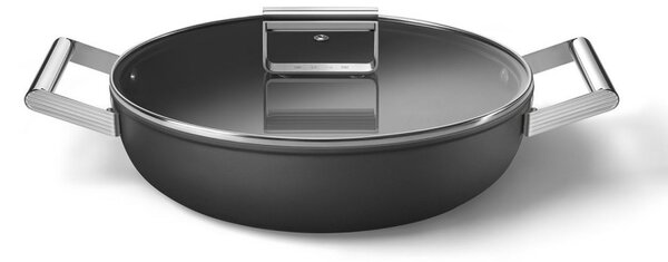 Плитка тенджера с капак Smeg DPF2812BLM, 28 см, 4.3 л, Керамично незалепващо покритие, Фурна до 250C, Без PFAS, Индукция, Черен