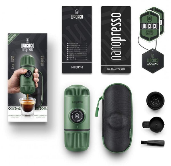 Преносима еспресо машина Wacaco Nanopresso Moss Green, 18bar, 80 мл, За мляно кафе, Без необходимост от зареждане и батерии, Калъфче, Зелен