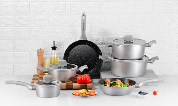 Комплект тенджери и тигани Royalty Line T010-Silver, 10 части, Мраморно покритие, Индукция, Сребрист