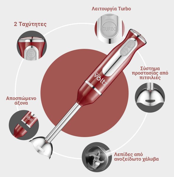 Пасатор, чопър и миксер 3в1 Oliver Voltz OV51112KSC, 800W, 700 ml, Стоманена приставка, 2 скорости, Червен