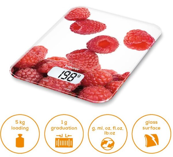 Кухненска везна Beurer KS 19 Berry, До 5 кг, ТАРА, Сензорно управление, LCD, Стъкло, Ултратънка, Червен