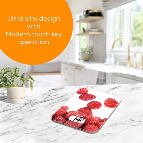 Кухненска везна Beurer KS 19 Berry, До 5 кг, ТАРА, Сензорно управление, LCD, Стъкло, Ултратънка, Червен
