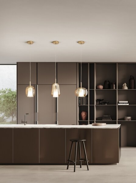 Ondaluce - Полилей на кабел THELMA 1xE27/15W/230V диаметър 25 см златист/димно бежов
