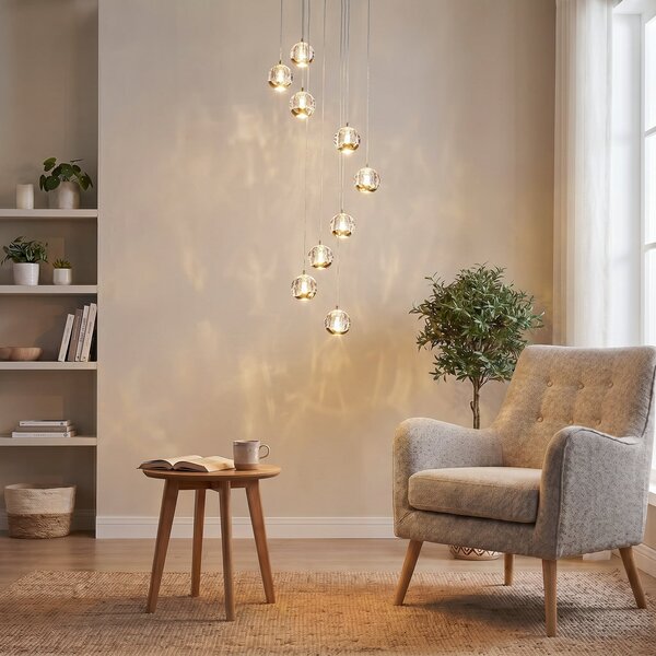 Lucande LED висяща лампа Hayley, Ø 40 cm, 9 лампи, злато, стъкло, Злато / месинг, Дневна/трапезария, Стъкло, Дизайн