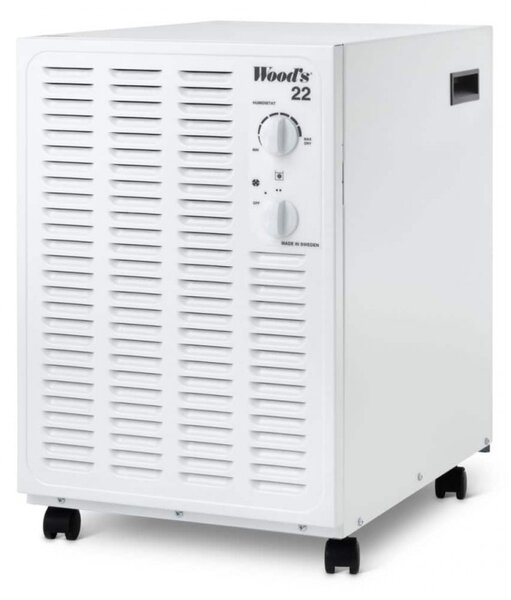 Влагоуловител Woods SW-22FW, До 100 м2, 336 м3, 13.5l/24ч, За гаражи и мазета, Хидростат, i-EcoDefrost, Колелца, Бял