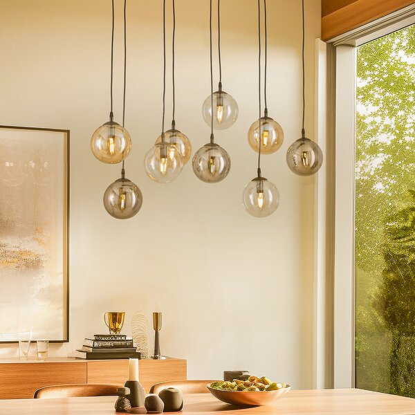 EMIBIG LIGHTING Висяща лампа Glassy, 9-свети, черна, графит/кехлибар/прозрачна, E14, Затъмняване, Черен, Дневна/трапезария, Метал, Модерен
