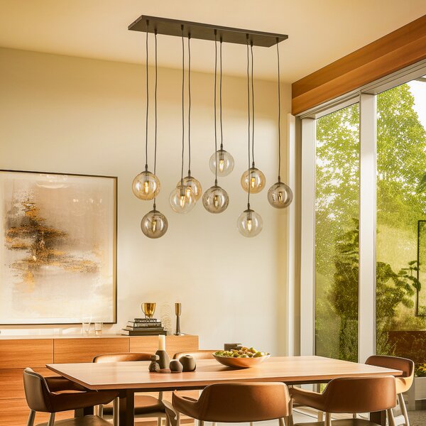 EMIBIG LIGHTING Висяща лампа Glassy, 9-свети, черна, графит/кехлибар/прозрачна, E14, Затъмняване, Черен, Дневна/трапезария, Метал, Модерен