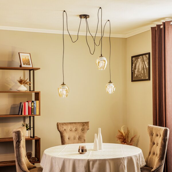 EMIBIG LIGHTING Висяща лампа Starla, стъкло кехлибар, 3-пламъчна, децентрализирана, Затъмняване, Черен, Дневна/трапезария, Метал, Модерен