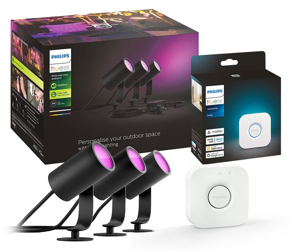 Philips Hue LED прожектор Lily, комплект от 3, мост, RGB, CCT, IP65, Затъмняване, Черен, Метал, Модерен
